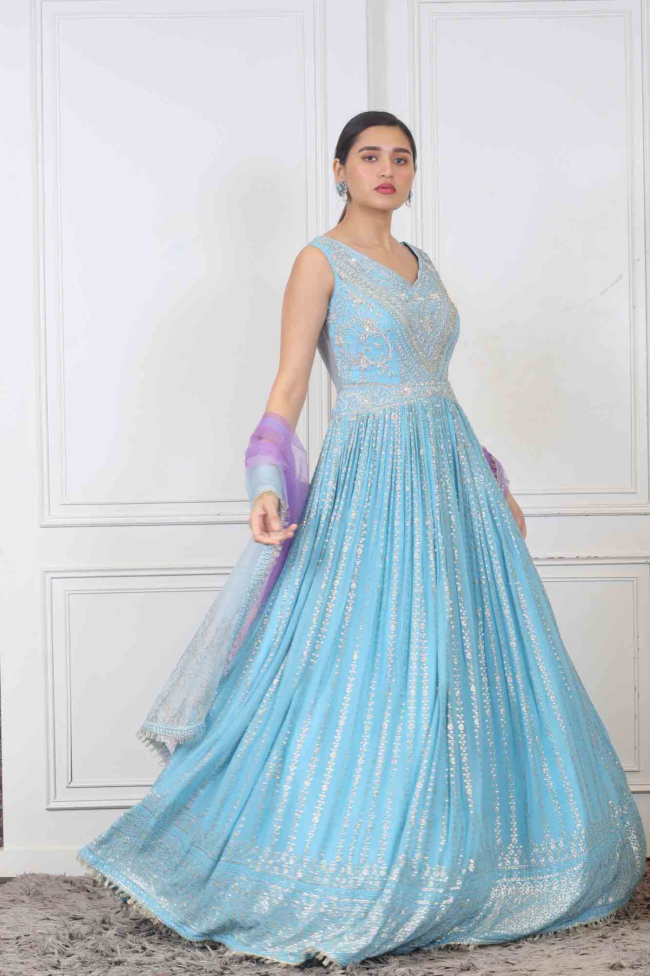 Sky Blue Color Luminous Long Gown With Dupatta In Georgette Fabric